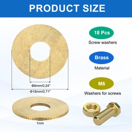 MECCANIXITY 18 Pack Brass Flat Washer, M6 Copper Washers Crush Washer Kit Assortment, 6mm ID, 18mm OD, 1mm Thick for Bolts Screws Machinery Repair, Outdoor Construction