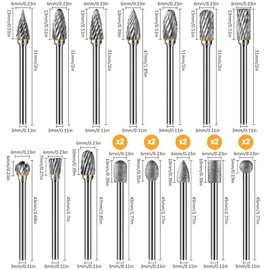 DIYLAND Carbide Burr Set with 3 mm Shank Double Cut, 20 Pieces Rotary Cutter Rotary Tool Accessories for Drill, Grinding, Carving, Metal Polishing, Engraving