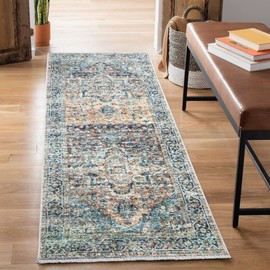 Bloom Rugs Caria Washable Non-Slip 7 ft Runner - Blue Green/Tangerine Traditional Runner for Entryway, Hallway, Bathroom, and Kitchen - Exact Size: 2'6" x 7'