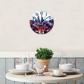 Wooden Wall Clock Silent Non-Ticking Large Numbers Battery Operated New York City Landscape Decorative Wood Clocks Global Travel Aesthetic Landmarks Wall Decor for New Home School Church 10 Inch