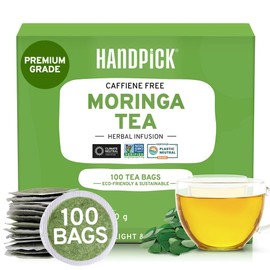 HANDPICK, Moringa Tea Bags (100 Count) Non-GMO, Caffeine Free, Pure Moringa Leaves | Sweet and Light Herbal Tea Bags, Round Eco-conscious Teabags