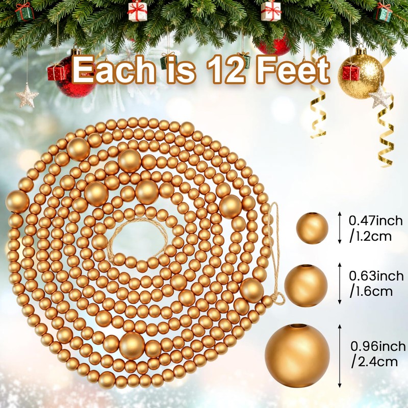 Gold Christmas Wood Bead Garland, 12 FT Farmhouse Boho Tree