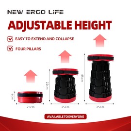 New Ergo Life Portable Collapsible Stool - 4 Pillars Large Weight Capacity Travel-Friendly Folding Stool, Easy to Use Lightweight Telescoping Seat for Outdoor Activities, Camping & Hiking (Red)
