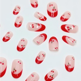 Mkwntg 24pcs Cherry Press-on Nails Short Square Plastic False Nails Multicolor French Tips Glossy Full Cover Reusable Summer Nail Set