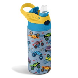 12 oz Monster Truck Kids Water Bottle, Cool Cars Water Bottle for School, Kids Insulated Bottles with Straw & Handle, Leak-Proof, BPA-free, Straw Lid, Stainless Steel for Travel Gift Cup for Boys