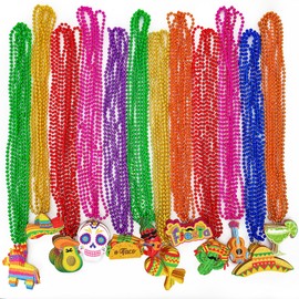 100PCS Mexican Party Decorations, Mardi Gras Fiesta Bead Necklace Decorations, 12 Kinds Metallic Mexican Party Decor Necklace, Fiesta Cactus Pinata Maracas Accessories for Cinco de Mayo Party Favors