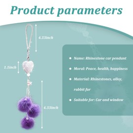 Ziciner Bling Diamond Heart Car Interior Accessories, Car Mirror Hanging Ornament for Women, Love Heart & Pink Plush Ball Decor Ornament Pendant, Car Hanging Decoration Charm Pendant (Purple)