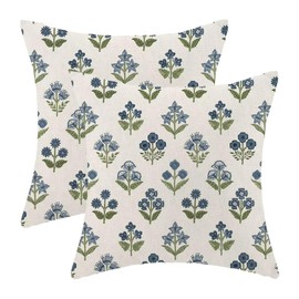 AEIOAE Sage Green Blue Floral Pillow Covers 20 x 20 Inch Set of 2 Flower Leaves Block Print Decorative Throw Pillow Covers Linen Outdoor Farmhouse Pillowcase Cushion Case for Home Sofa Decor