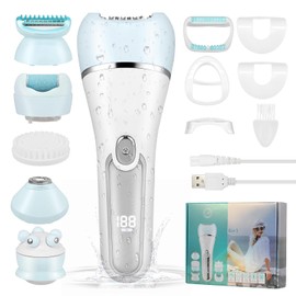 Elektrischer Epilierer für Damen, 6 in 1 Gesicht für Frauen Kabelloser, Wiederaufladbares LED-Display, Wet and Dry Damen Epilierer mit Peelingbürste, Reinigungsbürste, Massagekopf (Blau)
