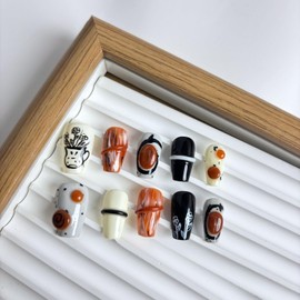 Yabonica 3D Hand painted Press On Nails Short Square 10Pcs Reusable Pre Designed Press On Nails- Luxury Glue On Nail with Cute Salon Design,Acrylic Stick On Nails for Women Girls Gift (081, M)