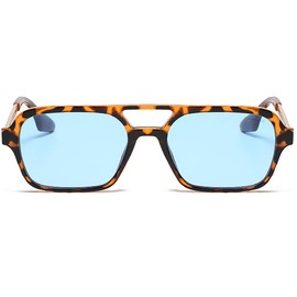 Vintage 90s Square Flat Aviator Sunglasses for Women Men Trendy Retro Rectangle Small Shades Narrow Sunnies Cool (Tortoise Shell Frame/Blue Tinted Lens)