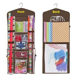 ProPik Hanging Double Sided Wrapping Paper Storage Organizer With Multiple Pockets Organize Your Gift Wrap, Gift Bags Bows Ribbons 40"X17" Fits 40 Inch Rolls Clear PVC Bag (Black)
