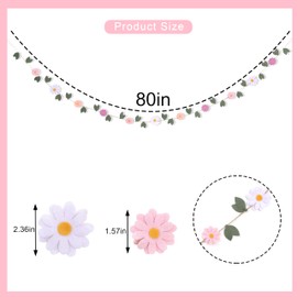 Daisy Leaf Felt Garland - Spring Flower Birthday Wedding Decorations, Colorful Daisy Green Leaves Banner, Felt Floral Wall Hanging Garland, Bohemian Garden Party Photo Props (Pink Daisy Leaf Garland)