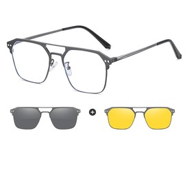 PUKCLAR Magnetic Clip-On Sunglasses for Men & Women | Interchangeable Polarized Day & Night Lenses | Stainless Steel Prescription-Compatible, Anti-Blue Light (C1 Gun Colored Frame, Millimetres, 54)