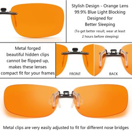 CAXMAN Blue Light Clip On Glasses Men Women Phone TV Computer Sleeping Glasses for Rx Eyeglasses or Reading Frames Anti Eyestrain Sleep Better w/Orange Lens Small 57x36mm