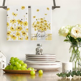 Artoid Mode Yellow Floral Vase Spring Kitchen Towels Dish Towels, 18x26 Inch Hello Sunshine Seasonal Summer Decoration Hand Towels Set of 4