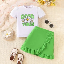HSOXLQF Kids Toddler Girl Summer Clothes Letter Printed T-Shirt Top＋ Floral Skirt 2pcs Girl's Skirt Set(4-5T)