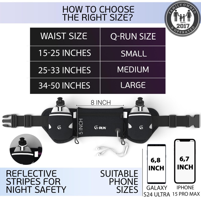 Q-RUN Running Hydration Belt, Black, Medium 25-33 inches, 10 Oz