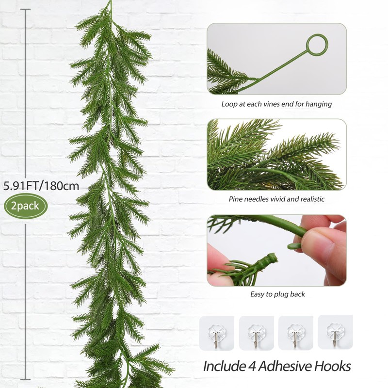 Guirnalda de pino de Navidad de 5.91 pies, 2 piezas