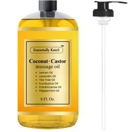 Essentially KateS Coconut + Castor Massage Oil 8 Fl Oz - Multi-Purpose Moisturizer - Infused with 100% Pure Essential Oils - Skin Care, Body Massage, Hair Care, & Nail Care