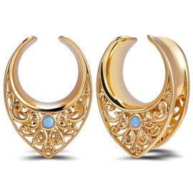 PUNKYOUTH 2PCS Opening Saddle Plugs Opal Ear Gauges Tunnels For Sretcher Expander Ears Brass Elegant Floral Double Flared Piercing Earrings For Women 0g-1"
