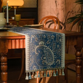 Spring Floral Table Runner 71in Long - Nordic Tail Blue Embroidery Jacquard with Tassels, Elegant Easter & Mother's Day Decor for Farmhouse Dining Table, Wedding & Dresser (Tail Blue, 13.7"x71")