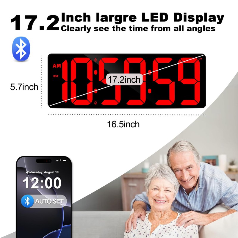 TXL 17.2" Bluetooth Digital Wall Clock with Seconds, Large Countdown