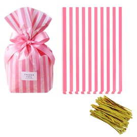 Pink Stripe Clear Cello Candy Favor Bags,Cellophane Cookie Treat Plastic Bags,With Gold Twist Ties, Pack of 50