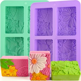 HUAKENER 2 Pack Silicone Soap Molds, Rectangle Soap Making Mold, 3D Rectangular Flower Pattern Silicone Molds for Handmade Soap, Bath Bombs, Candle, Chocolate