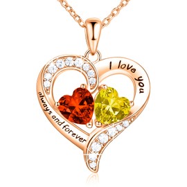 18K Rose Gold Heart Necklace, Birthstone Necklace Jewelry for Women with 2 Birthstones, Customized Gifts for Women Mom Wife Grandma Sister Friend, I Love You Always and Forever, Gold, Cubic Zirconia
