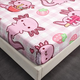 HOSIMA Axolotl Milk Fleece Fitted Sheet Twin Size for Kids Girls,Pink Cartoon Axolotl Eat Dessert Printing Kawaii Bedding Set for Princess Bedroom Decor,1 Fitted Sheet+2 Pillowcases.