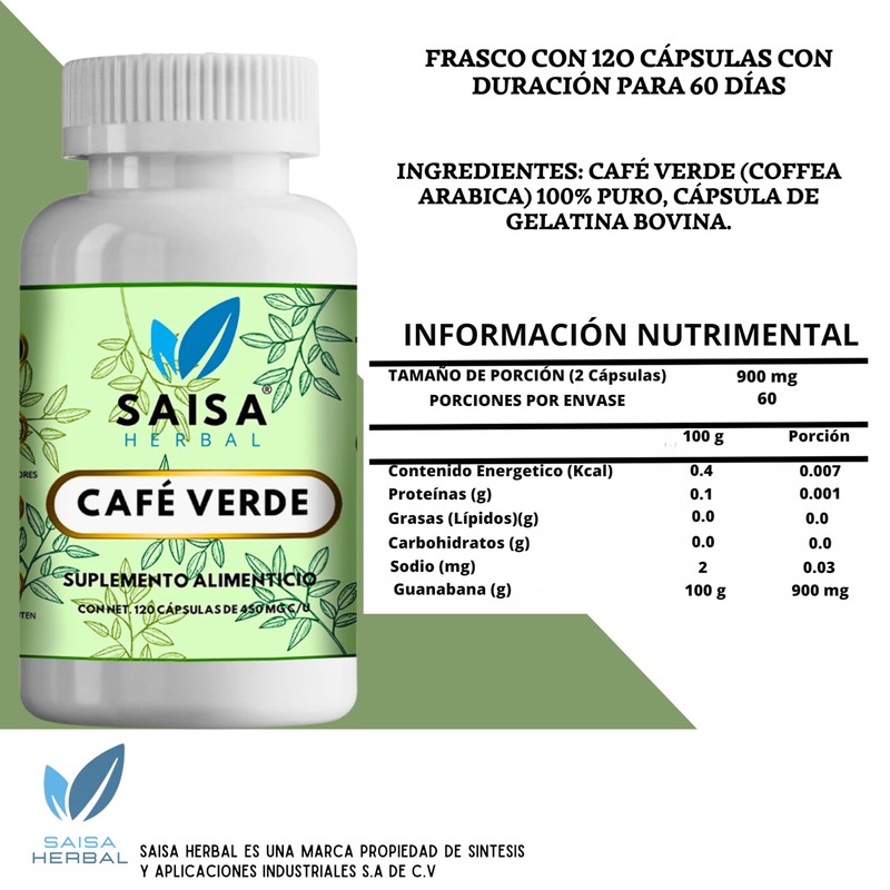 Café Verde 100% Puro Suplemento Con 120 Cápsulas Saisa Herbal