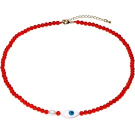 Xfoxstal Simple Crystals Beaded Necklaces for Women Freshwater Pearl and Shell Evil Eye Necklace Protection Good Luck Jewelry (Red Agate)
