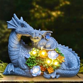 RCTTICUU Solar Dragon Garden Statues Outdoor Decor, Resin Dragon Figurine with Succulent and 6 LED Lights Lawn Patio Balcony Art Decoration,Housewarming Birthday Gifts for Grandma Mom Women