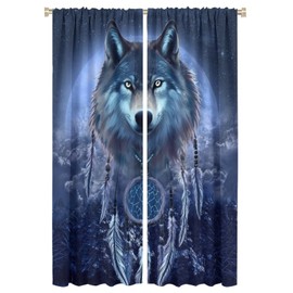INSFBRB Cool Wildlife Wolf Blackout Curtains for Bedroom - Fantasy Galaxy Misty Forest Wolf Dream Catcher Window Drapes,Rod Pocket Room Darkening Curtains 2 Panels 63L x 21W