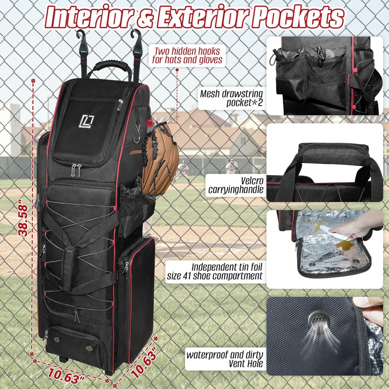 71L Rolling Baseball Bag with Wheels for 7 Bats,Softball Bag