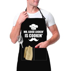 Funny BBQ Black Chef Aprons for Men, Mr. Good Looking is Cooking - Fathers Day/Boyfriend/Husband/Dad Birthday Gift One Size Fits All Best for Cooking, Grilling Black, Erw-apron-06, 9.7 x 7.6 x 1.2