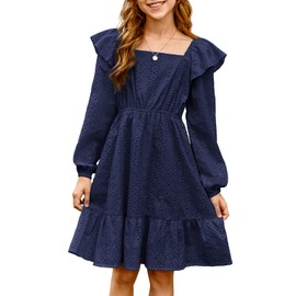 DOKOTOO KIDS Girls Fall Dress 2025 Cotton Eyelet Long Sleeve Dresses Girl Floral Spring Tiered A-line Flowy Birthday Party Boho Dress Cute Christmas Vestidos Niñas Navy Blue 8-9 Years