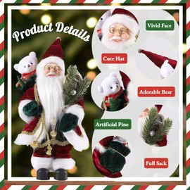 Enanal Santa Claus Figurine, 13inch Standing Christmas Santa Claus with Bear Sack and Pine for Christmas Indoor Home Decoration Xmas Gift Party Table Shelf Ornament