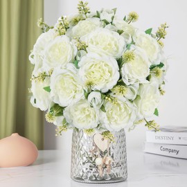 Artificial Peonies Silk Flowers Bouquets: Faux Peony Bouquet 4 Bundles, Fake Peonies Flowers Bulk for Centerpiece Table Wedding Party Home Decor for Vase Decoration (White)