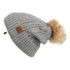 C.C Hatsandscarf Exclusives Women’s Mixed Cable Knit Beanie with Faux Fur Pom – Stylish Winter Hat, Warm Cozy Accessory (HAT-2087) Light Mel Grey