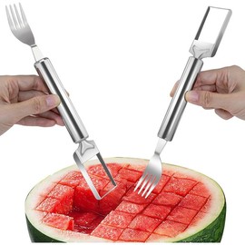 CripsTaste 2 Pack Watermelon Fork  Slicer Tool, 2-in-1 Stainless Steel Fruit  Melon Slicer  Tool, Watermelon  Tool for Home Party Camping Kitchen Gadget - Color: Fixed Fork, Size: 1 Pack