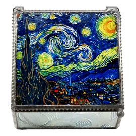 Ebros Vincent Van Gogh Starry Night Stained Art Glass Decorative Box 4"X4" Museum of Modern Art Trinket Jewelry Box