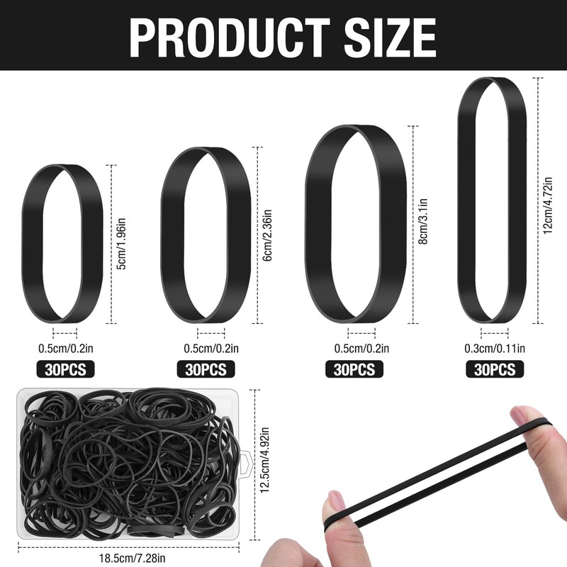 120 Pcs Black Wide Rubber Bands,4 Sizes Heavy Duty Thickened