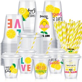 Boao 36 Sets Lemon Plastic Cups with Lids and Paper Straws 14 oz Yellow Lemon Birthday Party Supplies Beverage Drinking Cups Bulk for Summer Citrus Fruit Party Birthday Baby Shower