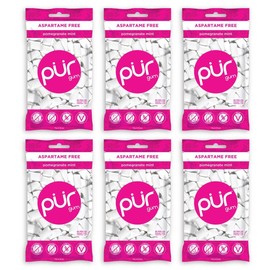 PUR 100% Xylitol Chewing Gum, Sugarless Pomegranate Mint, Sugar Free + Aspartame Free + Gluten Free, Vegan & Keto Friendly - Low Carb, Simply Pure Natural Fruit Flavored Gum, 55 Pieces (Pack of 6)