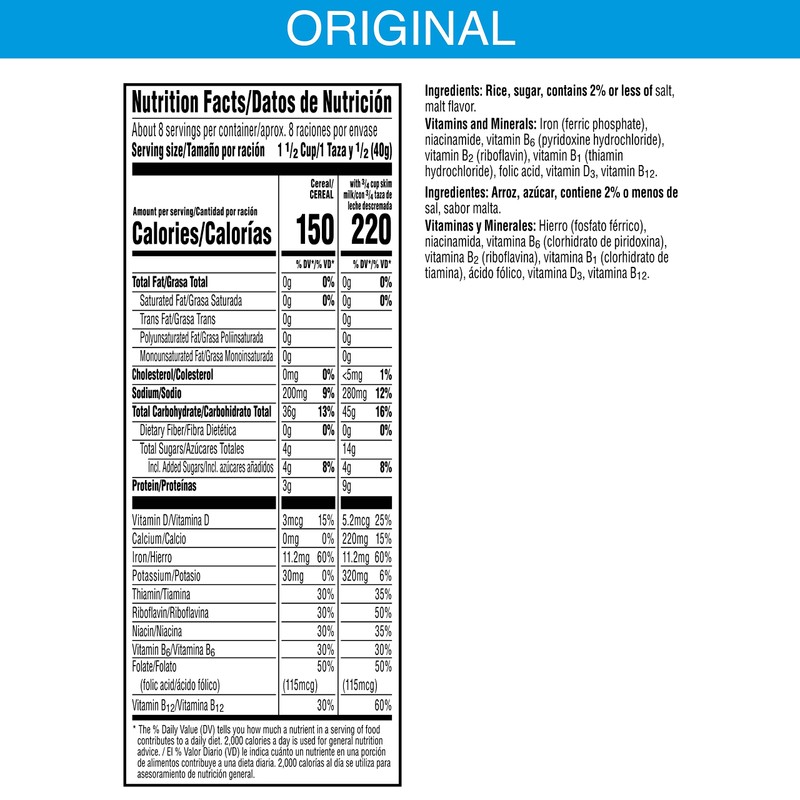Kellogg's Rice Krispies Cold Breakfast Cereal, 8 Vitamins and Minerals,