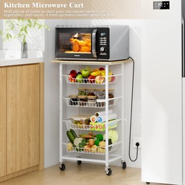 ThreeHio Kitchen Microwave Cart with Fruit Baskets, 5 Tier Microwave Table Stand with Fruit Vegetable Storage Small Rolling Cart on Wheels, Floor Organizers and Storage for Pantry Kitchen, Living Room