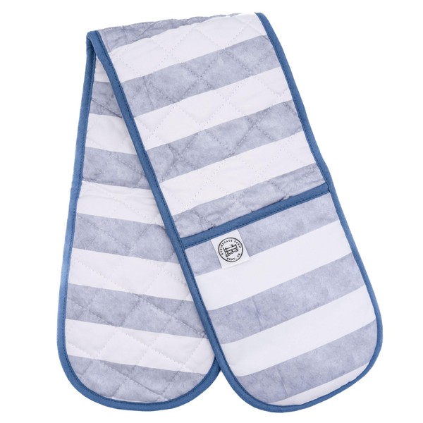 Double Oven Gloves | Heat Resistant To 250C | Independently Tested And Certified | Robinsgate Farm® Extra-Long Length Oven Mitts | Free Recipe Card | UK Brand | Blue and White Stripe (Multi)