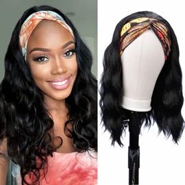 Glueless Headband Wig Synthetic Long Black Body Wave Headband Wigs for Black Women Natural Looking Wavy Wig Heat Resistant 180% Density(16inch, 1B#)